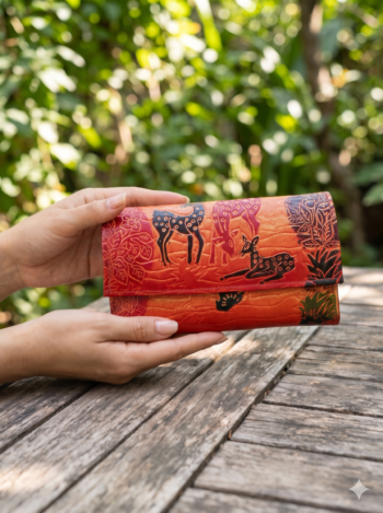 Shantiniketan Women’s Leather Clutch Purse Shakuntala With Deer(8 * 5)