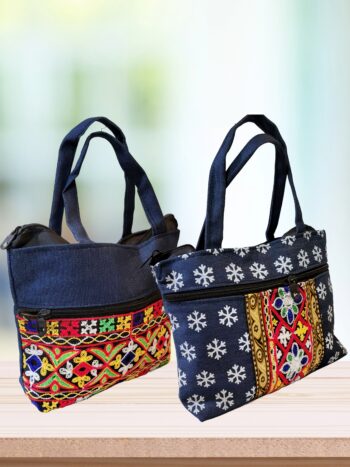 Shantiniketan Denim Kantha Stitch Handbag (Combo of 2) | Handcrafted Ethnic Denim Bags