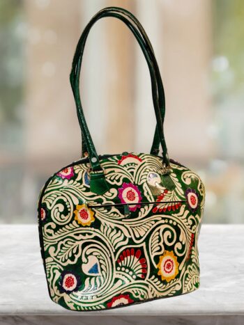 Shantiniketan Multicolour Design Big Shoulder D Bag | Green Kalka