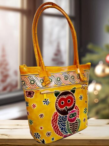 Shantiniketan Leather Ladies Shoulder Bag Owl Yellow 10X12