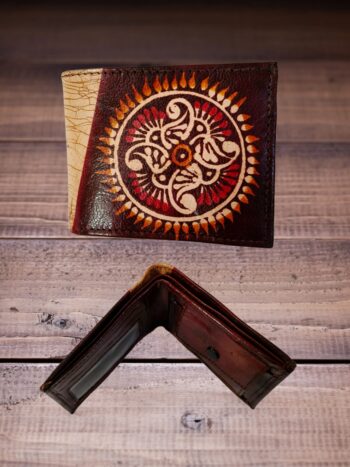 Handcrafted Shantiniketan Men’s Leather Wallet – Maroon Batik Print (Round)